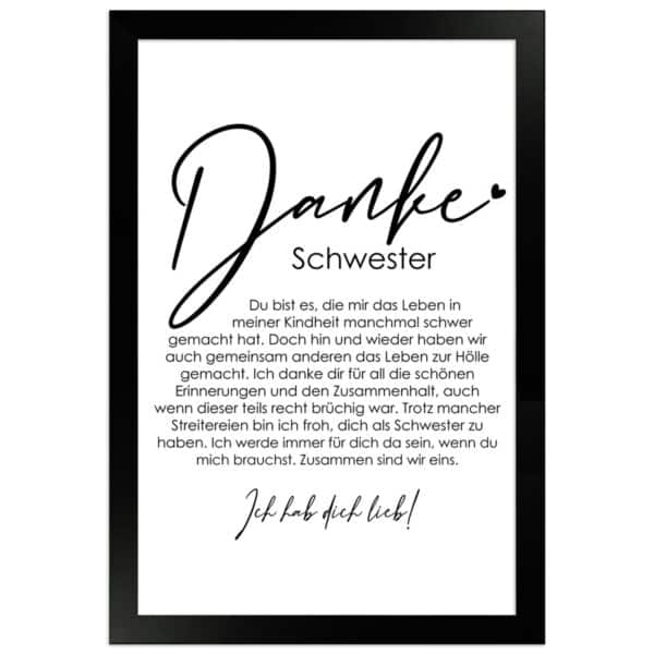 WANDStyle Gerahmtes Poster Danke Schwester 20 x 30 cm Geschenkidee für Eine Person