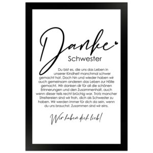 WANDStyle Gerahmtes Poster Danke Schwester 20 x 30 cm Geschenkidee für Mehrere Personen