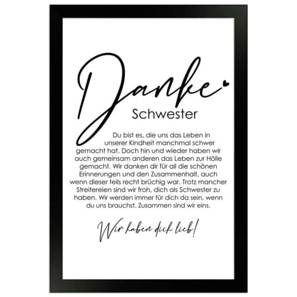 WANDStyle Gerahmtes Poster Danke Schwester 20 x 30 cm Geschenkidee für Mehrere Personen