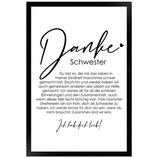 WANDStyle Gerahmtes Poster Danke Schwester 30 x 45 cm Geschenkidee für Eine Person