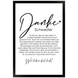 WANDStyle Gerahmtes Poster Danke Schwester 30 x 45 cm Geschenkidee für Mehrere Personen