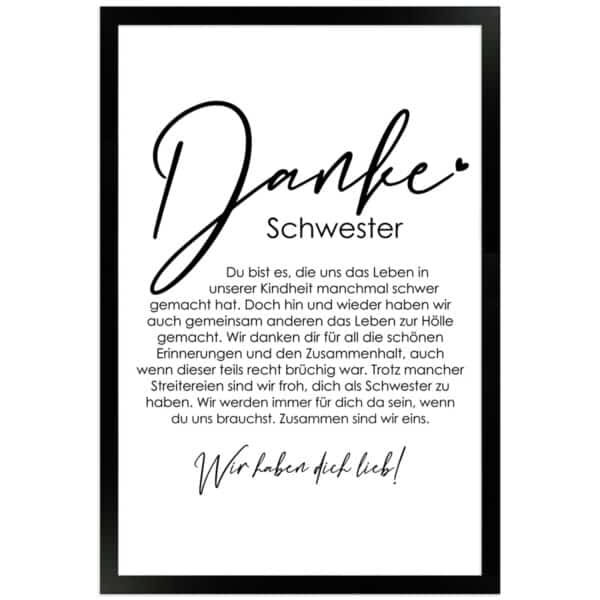 WANDStyle Gerahmtes Poster Danke Schwester 30 x 45 cm Geschenkidee für Mehrere Personen