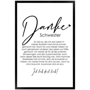 WANDStyle Gerahmtes Poster Danke Schwester 40 x 60 cm Geschenkidee für Eine Person