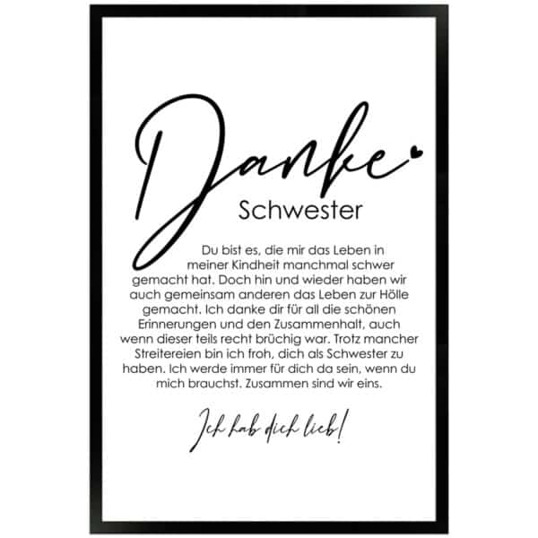 WANDStyle Gerahmtes Poster Danke Schwester 40 x 60 cm Geschenkidee für Eine Person