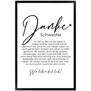 WANDStyle Gerahmtes Poster Danke Schwester 40 x 60 cm Geschenkidee für Mehrere Personen